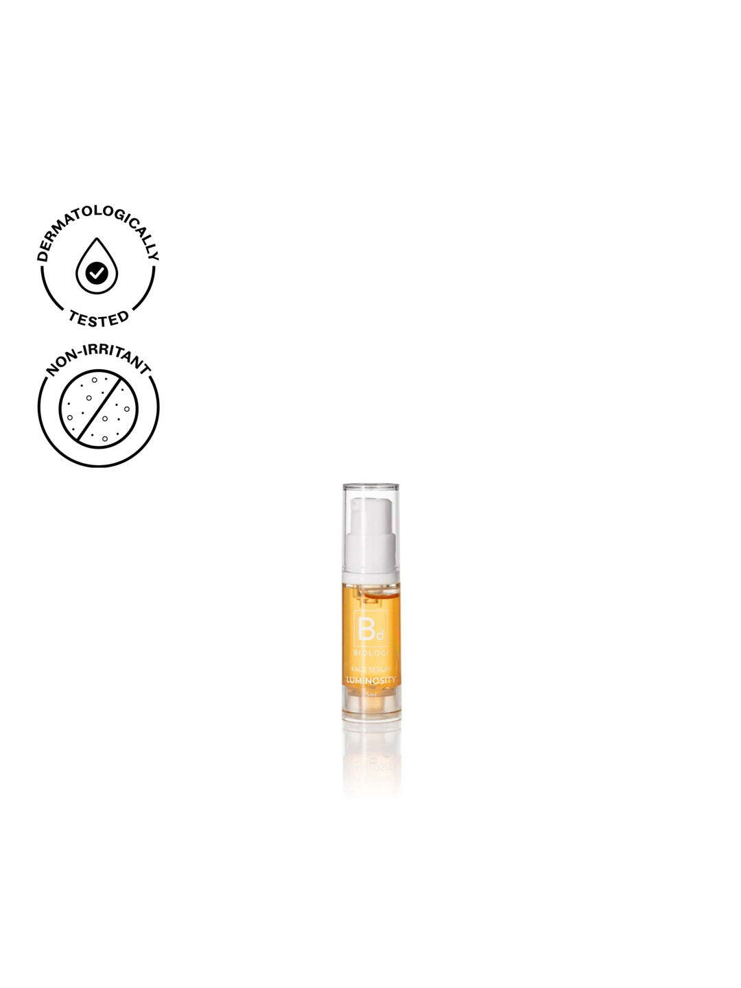 Biologi Bd Luminosity Face Serum 5ml in a clear miniature pump bottle with golden serum and a Bd label, shown with testing icons on white.