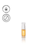 Biologi Bd Luminosity Face Serum 5ml in a clear miniature pump bottle with golden serum and a Bd label, shown with testing icons on white.