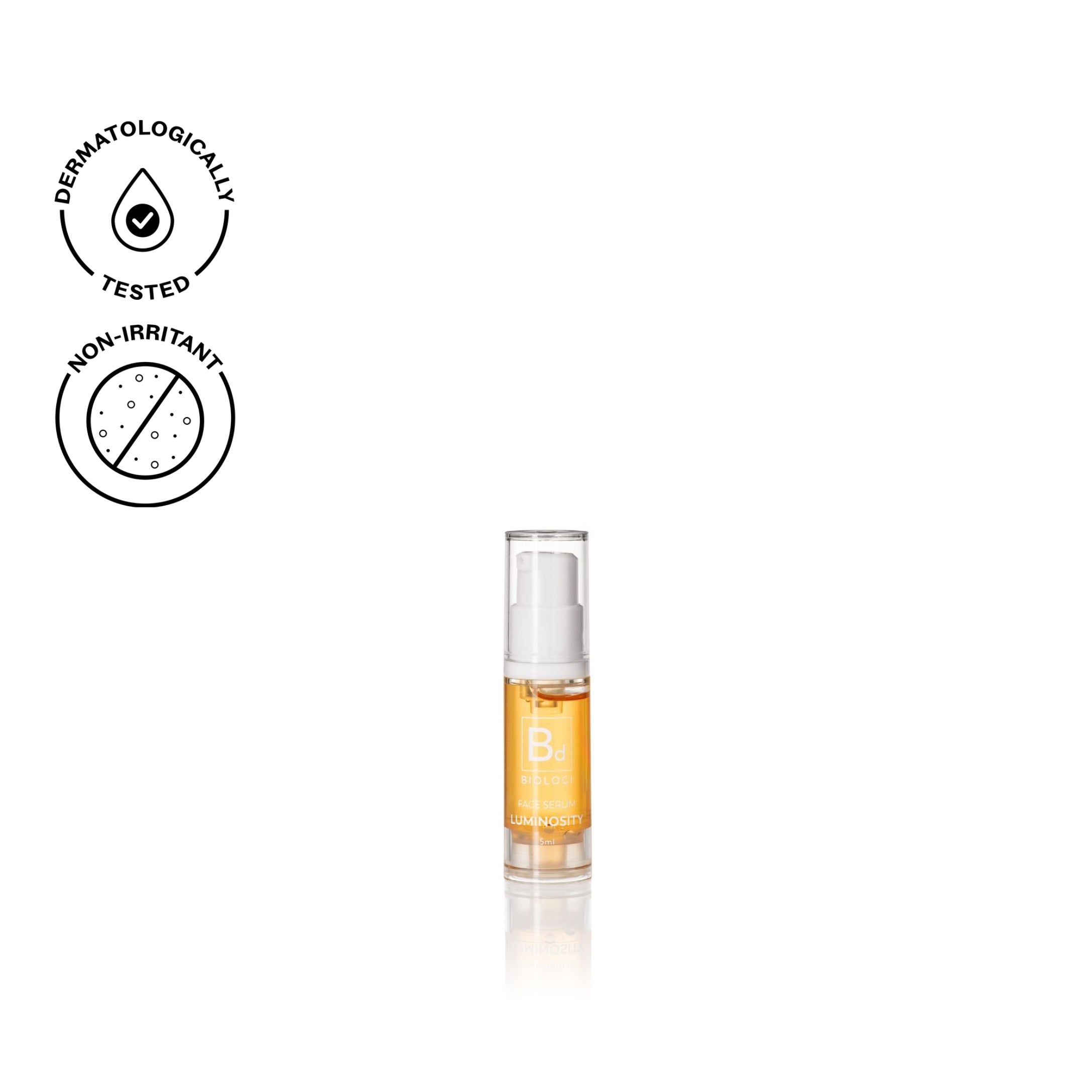 Biologi Bd Luminosity Face Serum 5ml in a clear miniature pump bottle with golden serum and a Bd label, shown with testing icons on white.