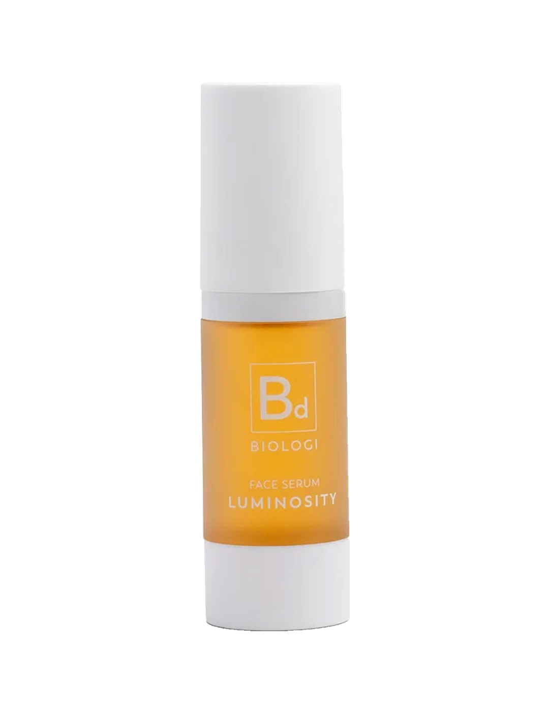 Biologi Bd Luminosity Face Serum 30ml in a white cylindrical pump bottle with its cap on and a golden-orange Bd label, standing upright on white.
