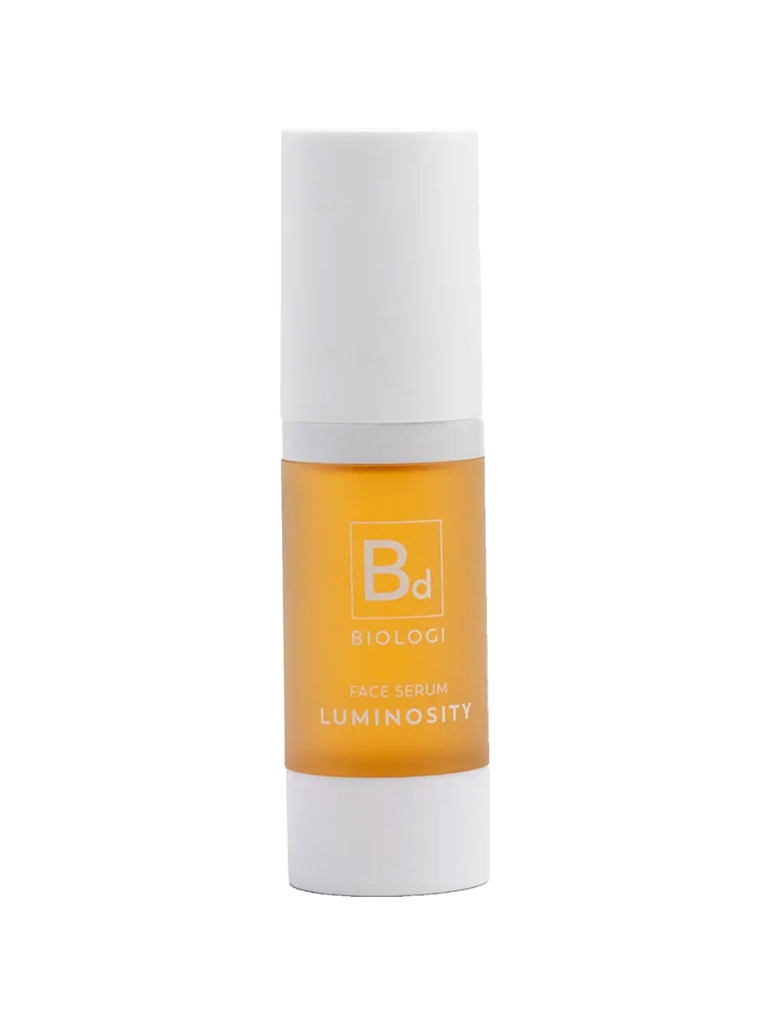 Biologi Bd Luminosity Face Serum 30ml in a white cylindrical pump bottle with its cap on and a golden-orange Bd label, standing upright on white.