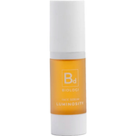 Biologi Bd Luminosity Face Serum 30ml in a white cylindrical pump bottle with its cap on and a golden-orange Bd label, standing upright on white.