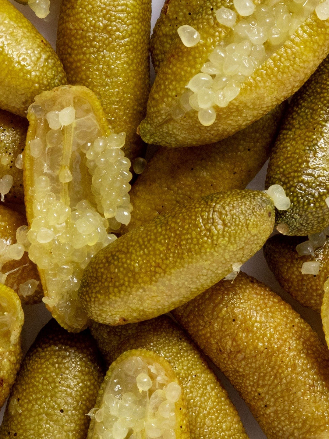 Close-up of sliced Australian finger limes with translucent yellow-green pearls, the botanical ingredient featured in Biologi Bf Restore Face & Body Serum.