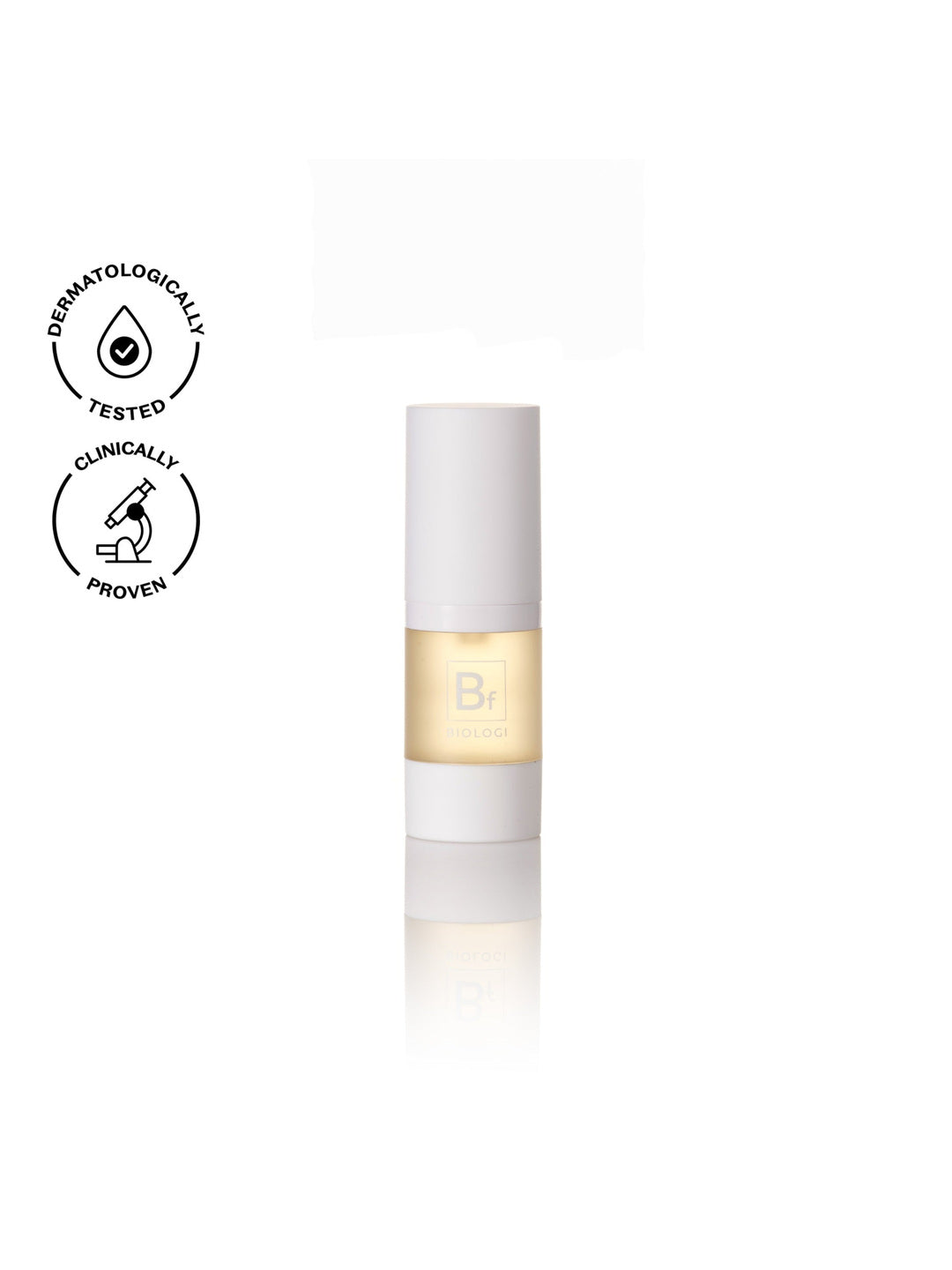 Biologi Bf Restore Face & Body Serum 20ml in its compact white-capped bottle, shown with a reflection and dermatologically tested and clinically proven icons.