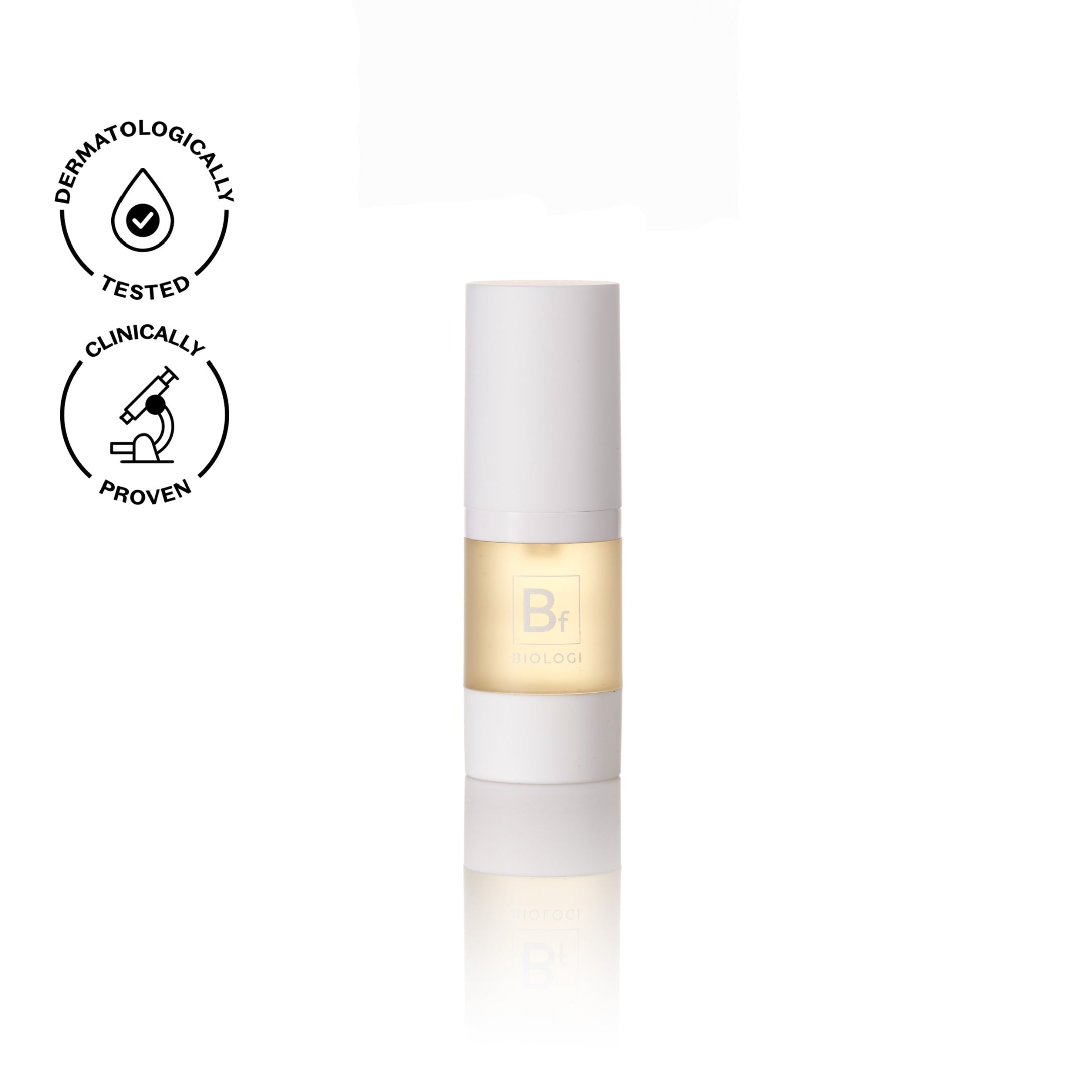 Biologi Bf Restore Face & Body Serum 20ml in its compact white-capped bottle, shown with a reflection and dermatologically tested and clinically proven icons.