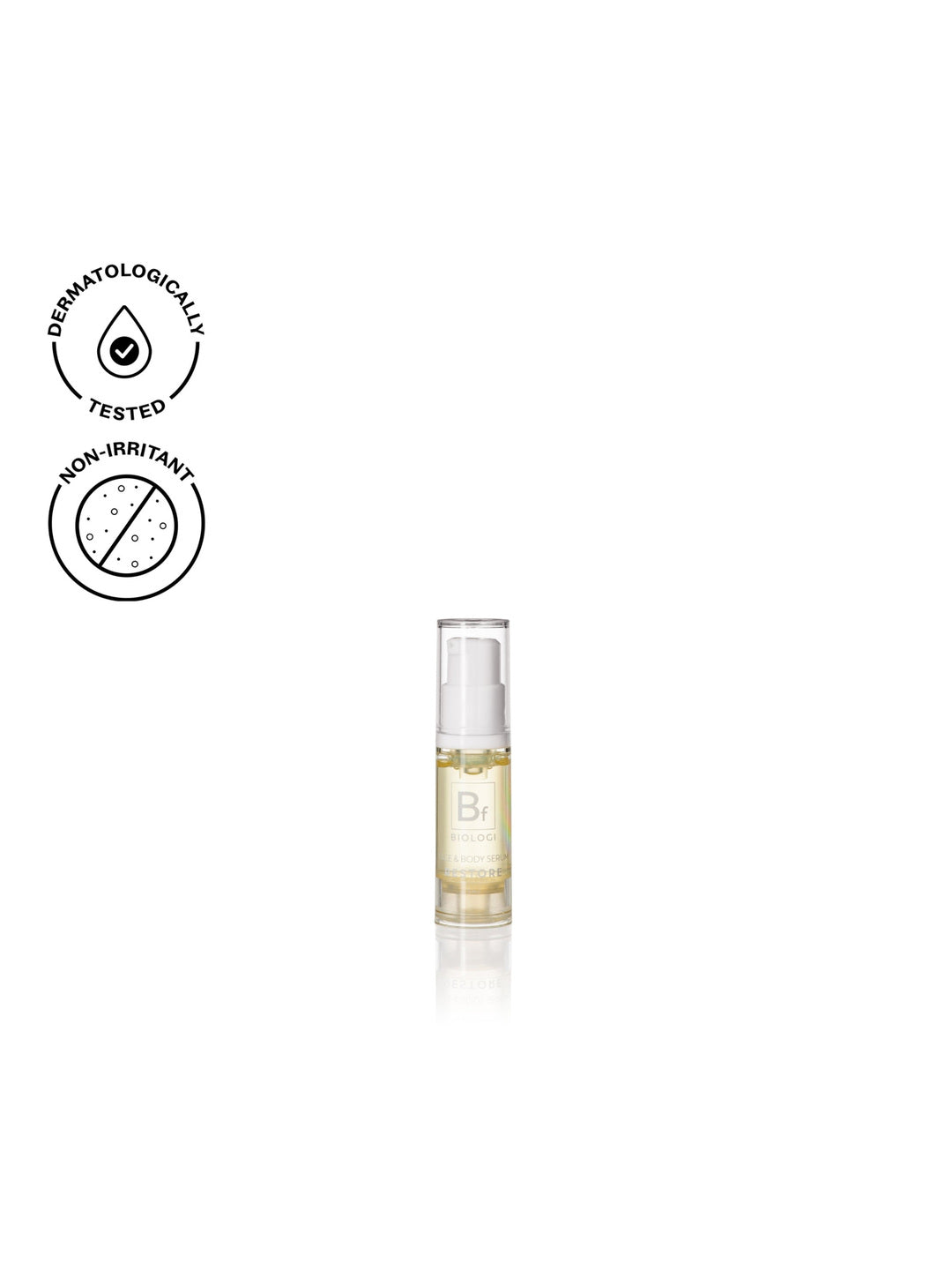 Biologi Bf Restore Face & Body Serum 5ml mini in a clear travel pump bottle containing pale golden serum, with testing icons on a white background.