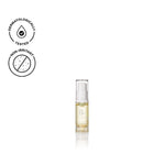Biologi Bf Restore Face & Body Serum 5ml mini in a clear travel pump bottle containing pale golden serum, with testing icons on a white background.