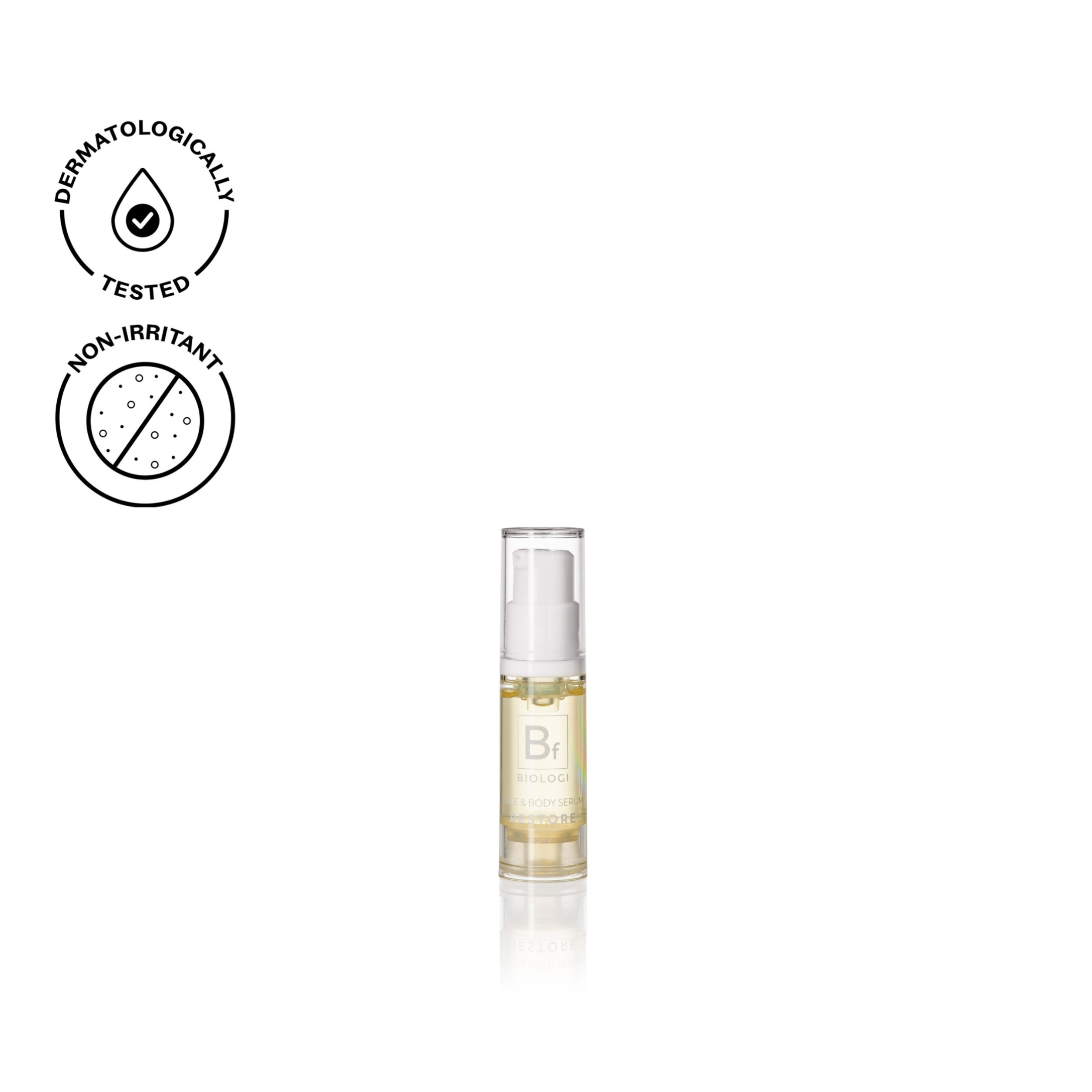 Biologi Bf Restore Face & Body Serum 5ml mini in a clear travel pump bottle containing pale golden serum, with testing icons on a white background.