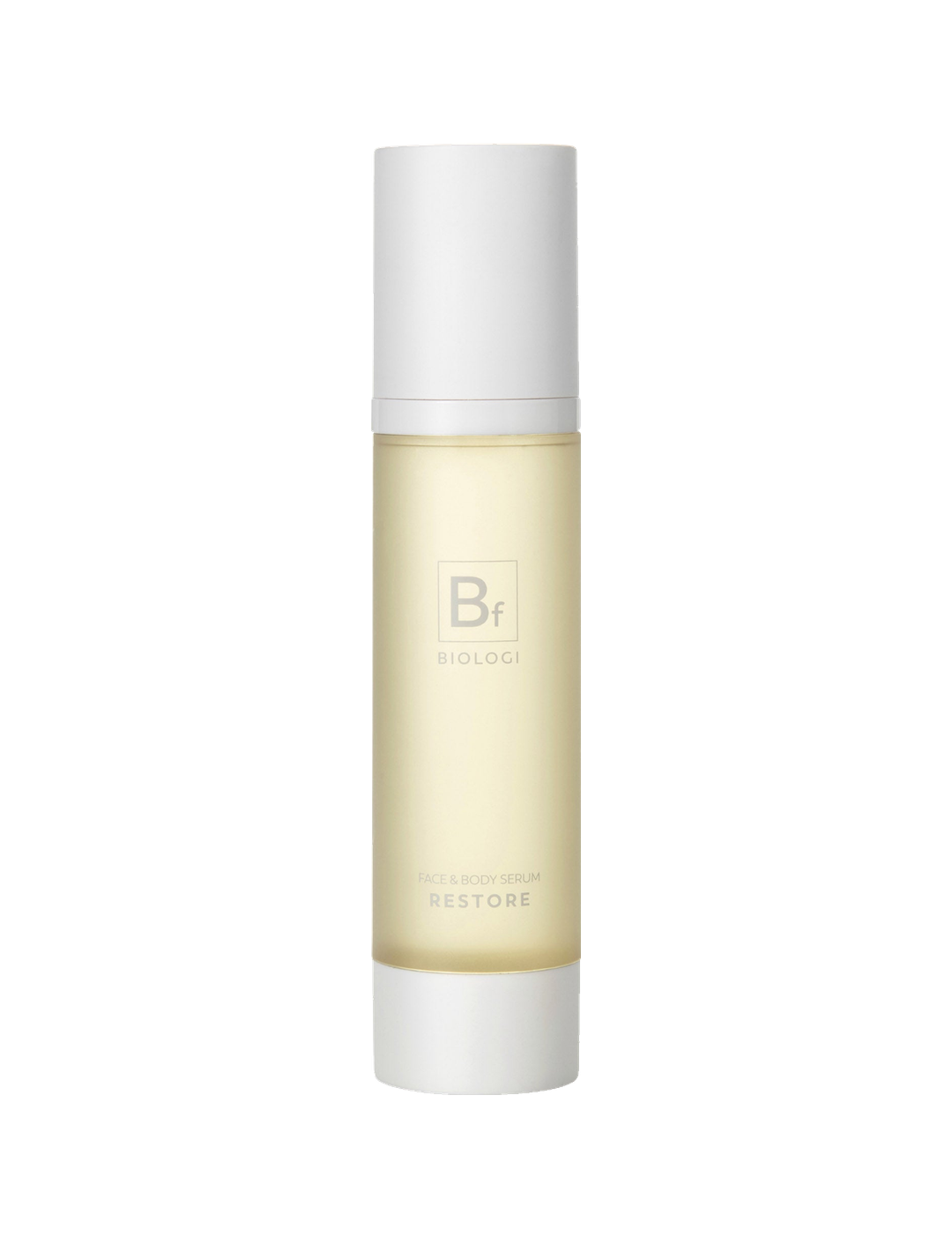 Biologi Bf Restore Face & Body Serum in a tall cylindrical bottle with a white cap and base, pale golden serum and a translucent Bf label, shown upright on white.