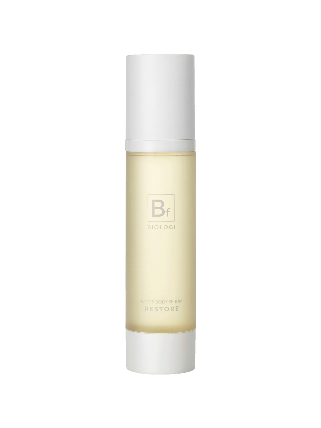 Biologi Bf Restore Face & Body Serum in a tall cylindrical bottle with a white cap and base, pale golden serum and a translucent Bf label, shown upright on white.