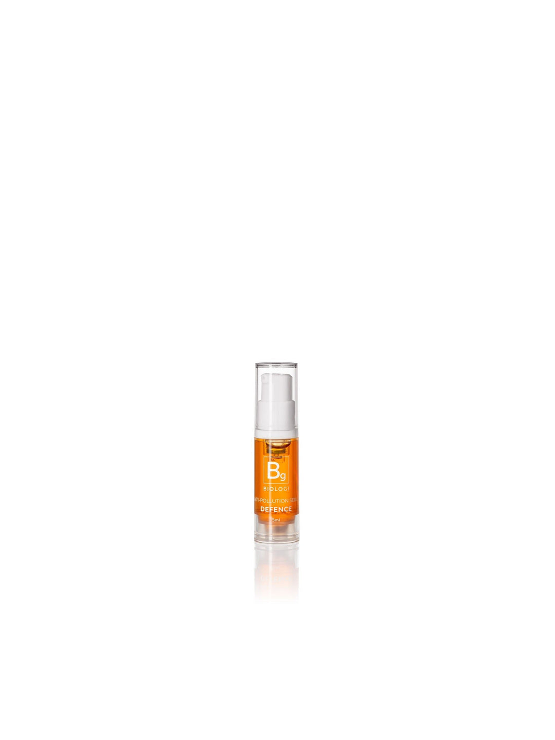 Biologi Bg Defence Anti-Pollution Serum 5ml mini in a clear pump bottle with golden-orange serum and a Bg label, standing on white with a faint reflection.