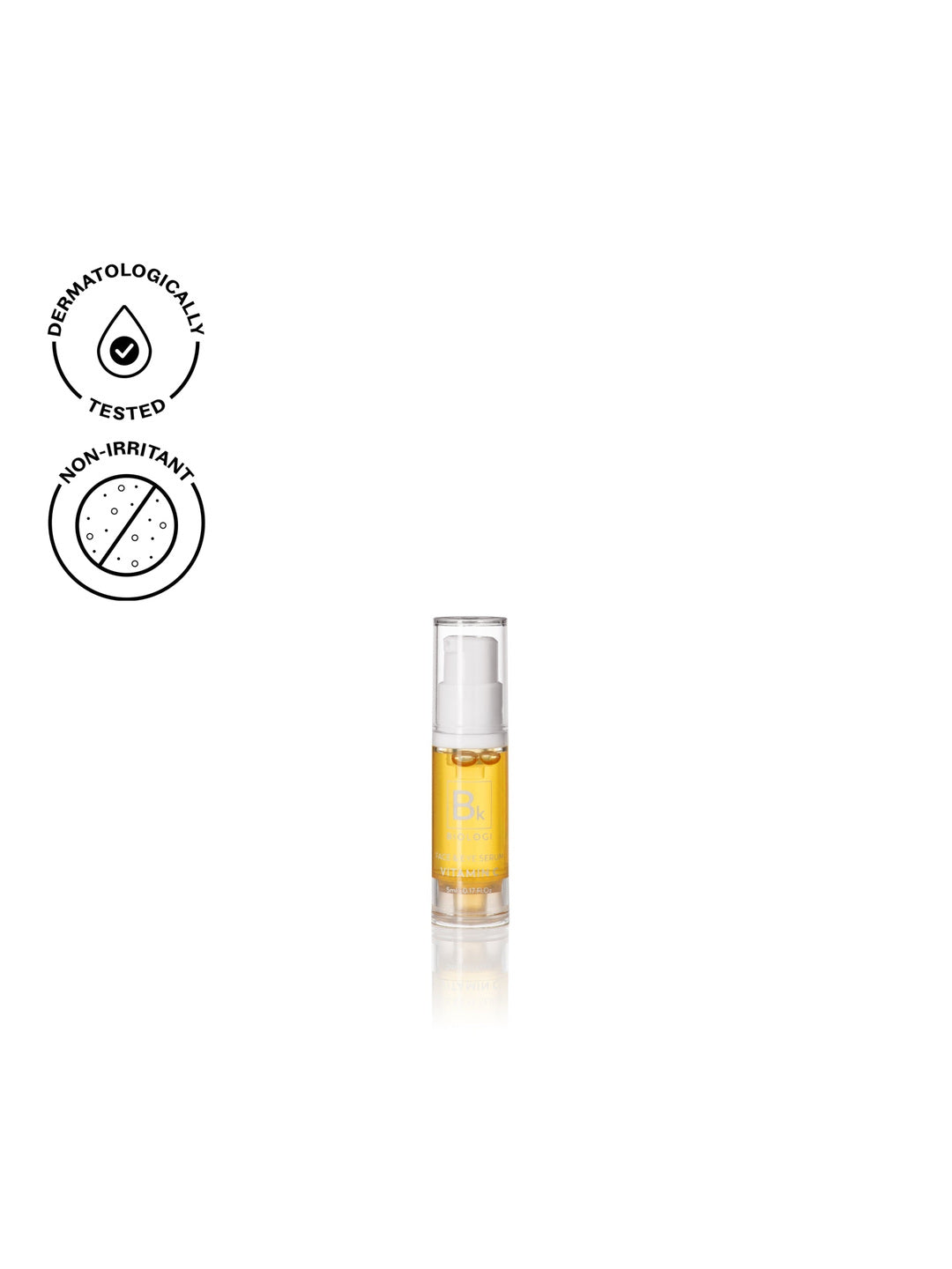 Biologi Bk Vitamin C Face & Eye Serum 5ml mini in a clear pump bottle with golden serum and a yellow label, shown with testing icons on white.