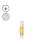 Biologi Bk Vitamin C Face & Eye Serum 5ml mini in a clear pump bottle with golden serum and a yellow label, shown with testing icons on white.