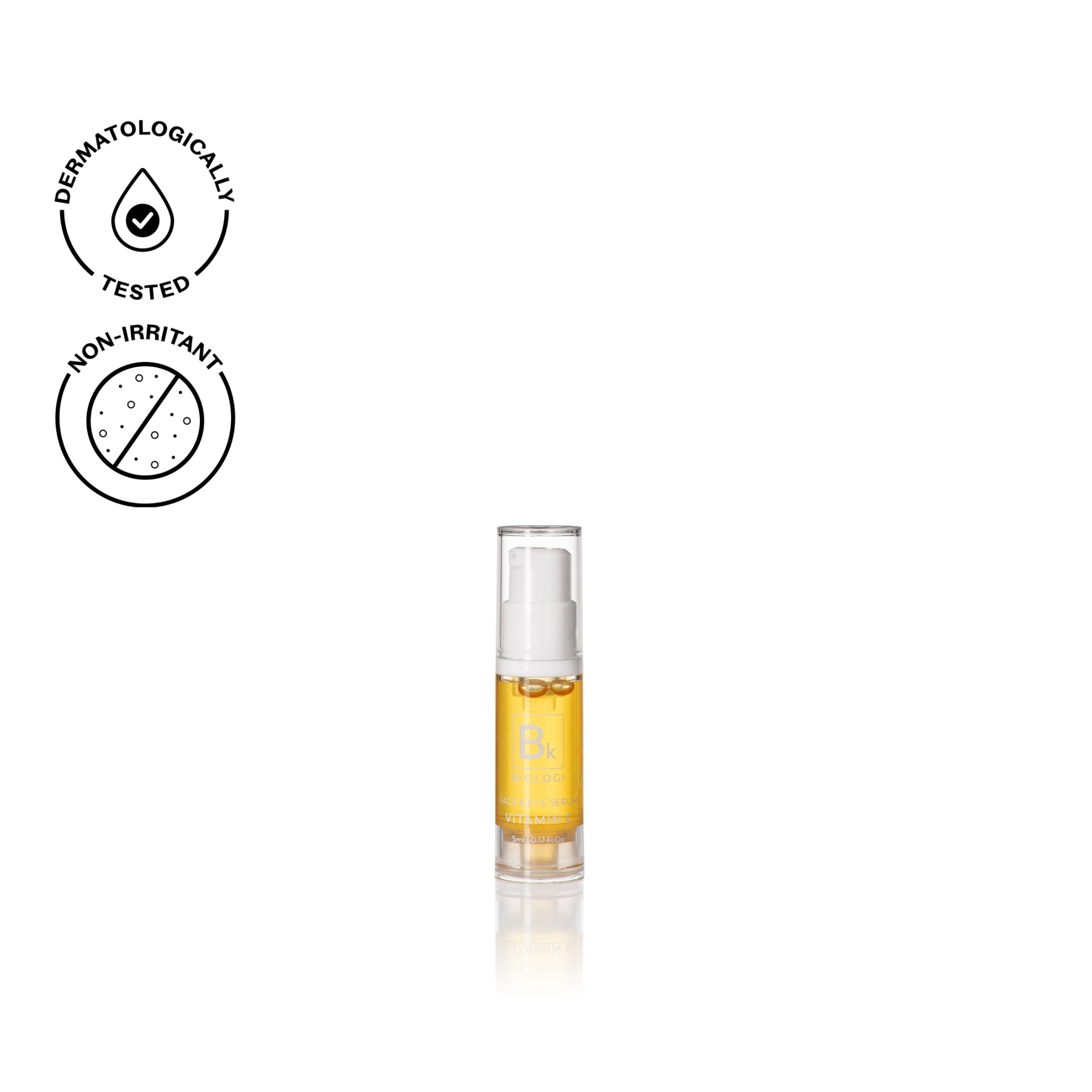 Biologi Bk Vitamin C Face & Eye Serum 5ml mini in a clear pump bottle with golden serum and a yellow label, shown with testing icons on white.