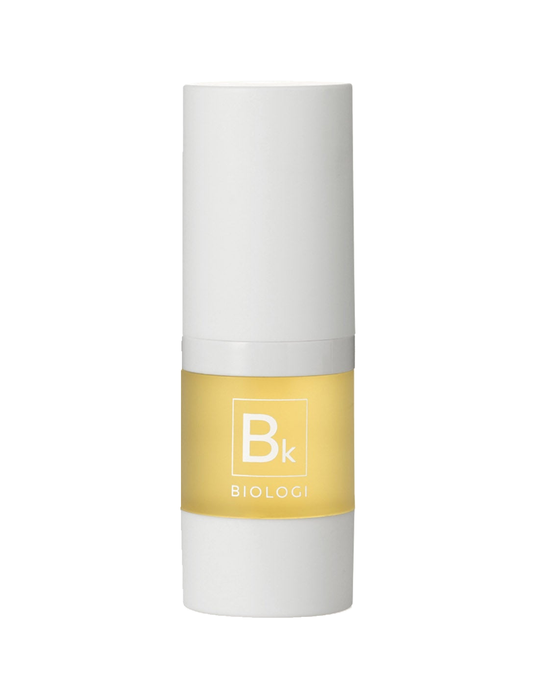 Biologi Bk Vitamin C Face & Eye Serum 15ml in a compact white cylindrical bottle with a yellow Bk label and white cap, standing upright on white.