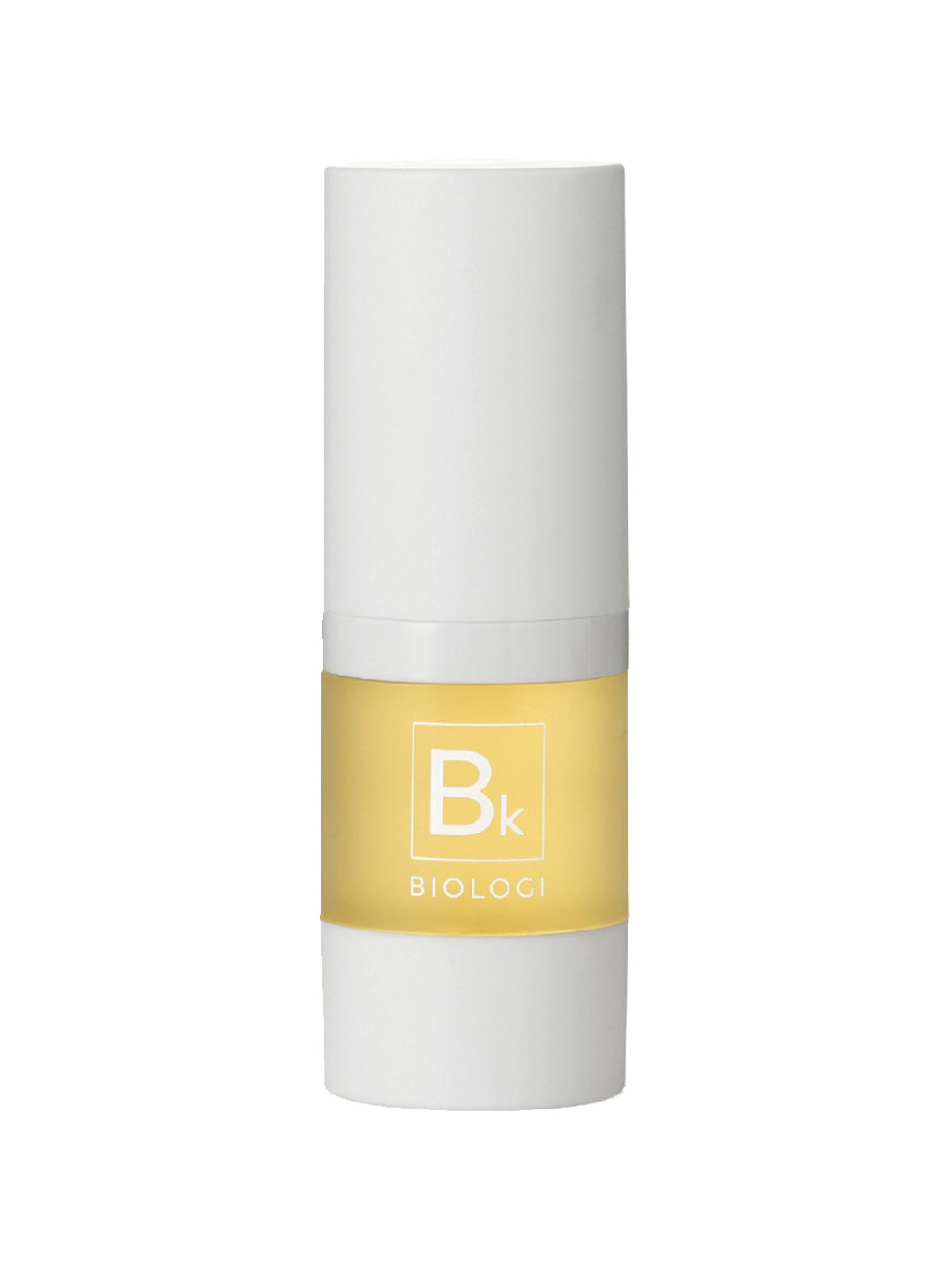 Biologi Bk Vitamin C Face & Eye Serum 15ml in a compact white cylindrical bottle with a yellow Bk label and white cap, standing upright on white.