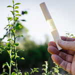 A hand holds the slim capped Biologi Bl Nourish Lip Serum pen against blue sky and green plants in bright sunlight.