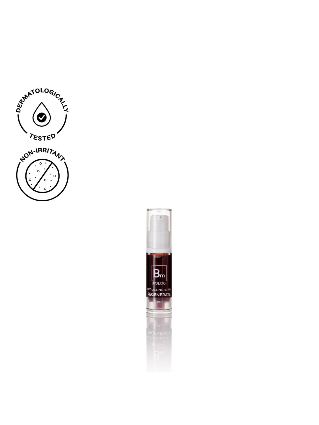 Biologi Bm Regenerate Anti-Ageing Serum 5ml mini in a clear travel pump bottle with dark serum and a plum label, shown with testing icons on white.