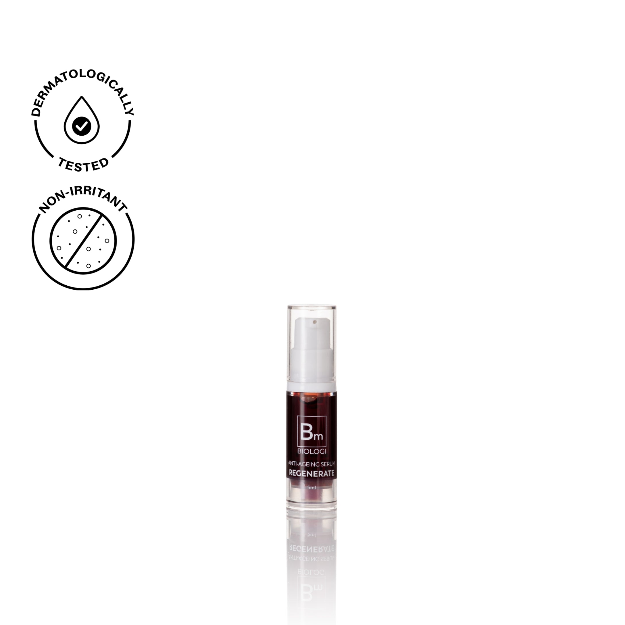 Biologi Bm Regenerate Anti-Ageing Serum 5ml mini in a clear travel pump bottle with dark serum and a plum label, shown with testing icons on white.