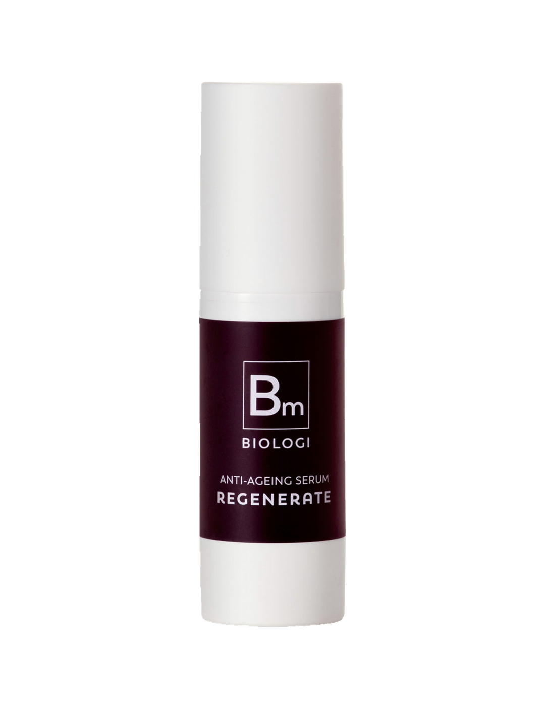 Biologi Bm Regenerate Anti-Ageing Serum 30ml in a white cylindrical bottle with a deep plum Bm label and white cap, standing upright on white.