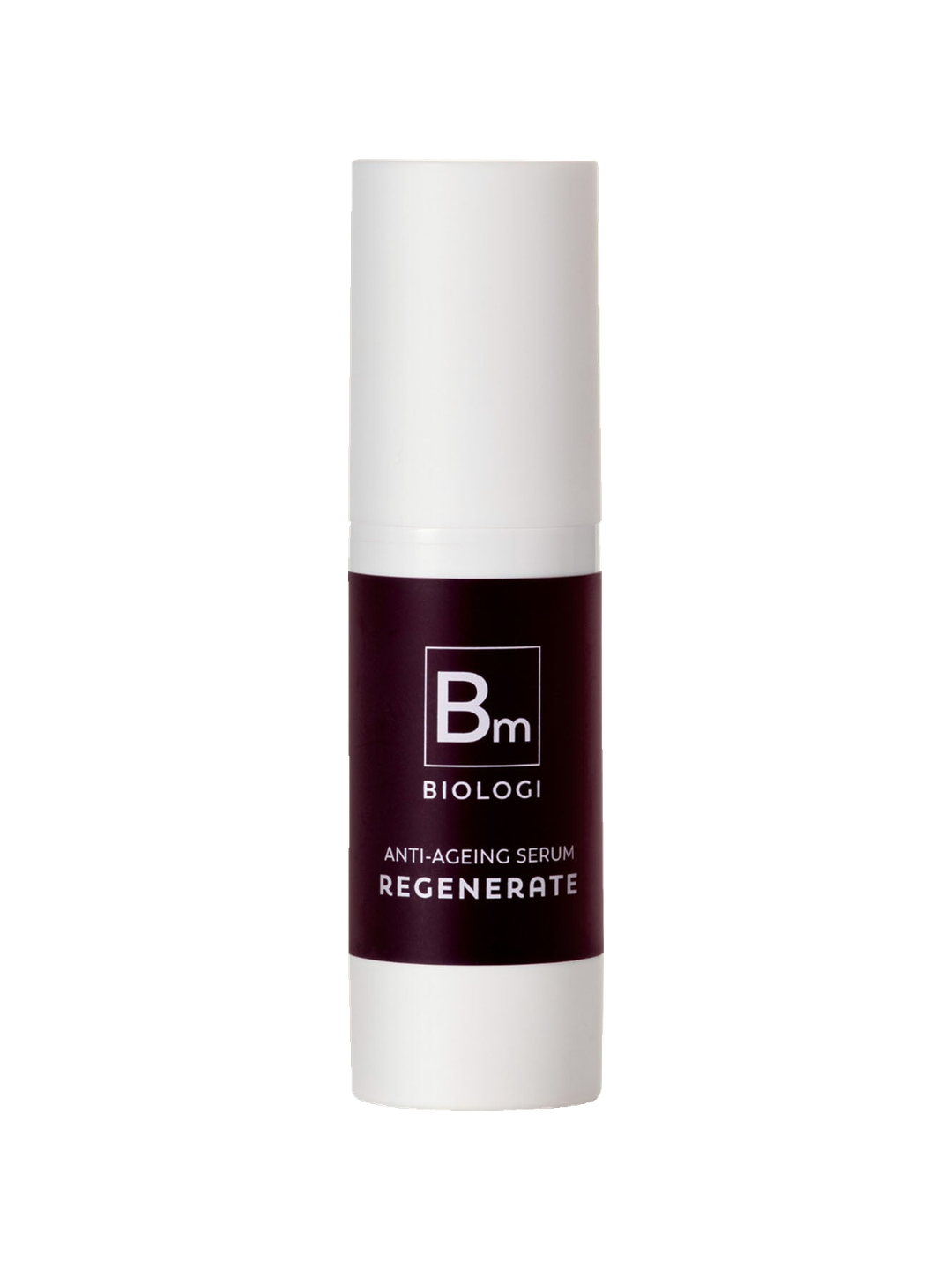 Biologi Bm Regenerate Anti-Ageing Serum 30ml in a white cylindrical bottle with a deep plum Bm label and white cap, standing upright on white.