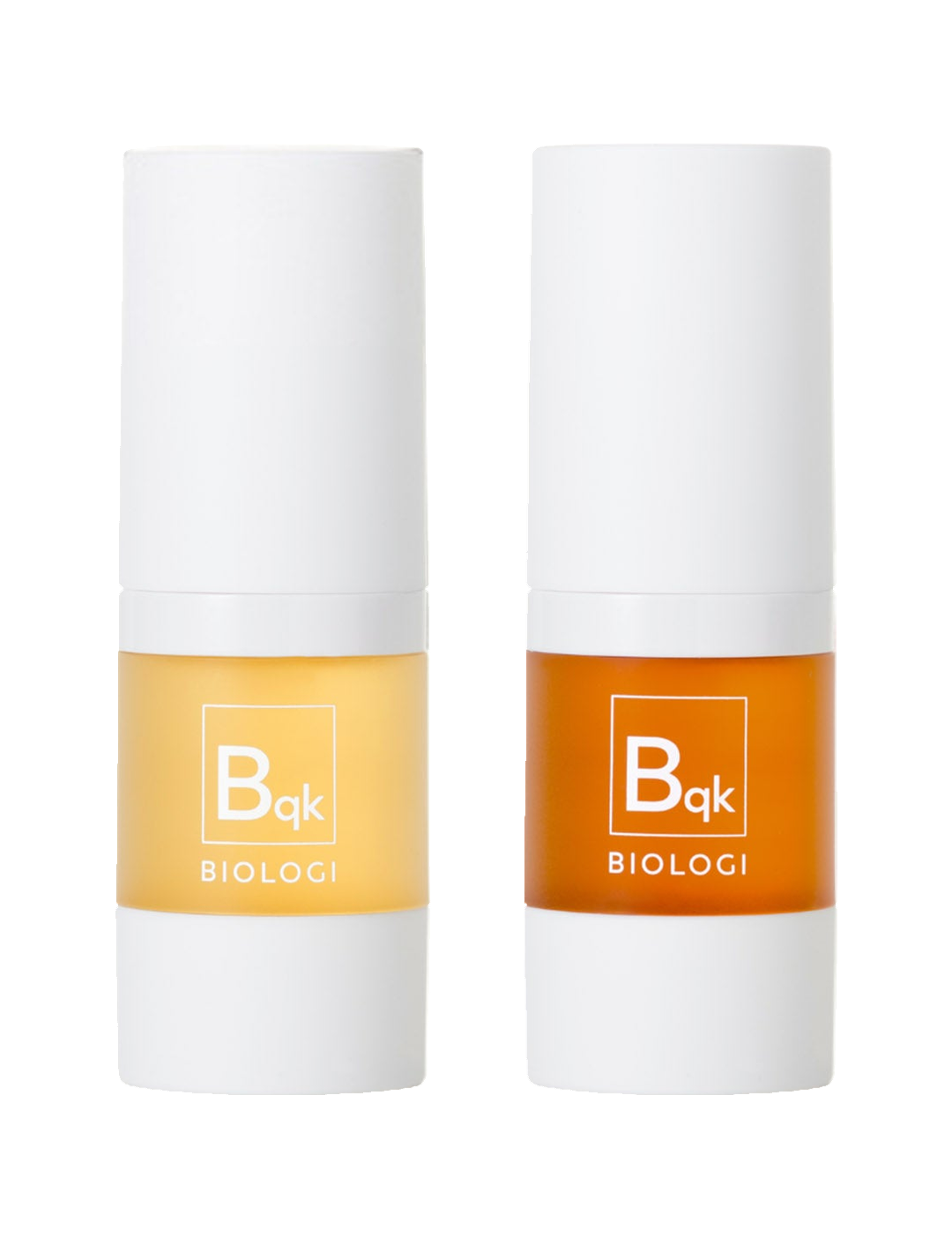 Biologi Bqk Radiance Face Serum Duo, two 15ml white cylindrical bottles with matching white caps and yellow and orange labels, standing side by side on white.
