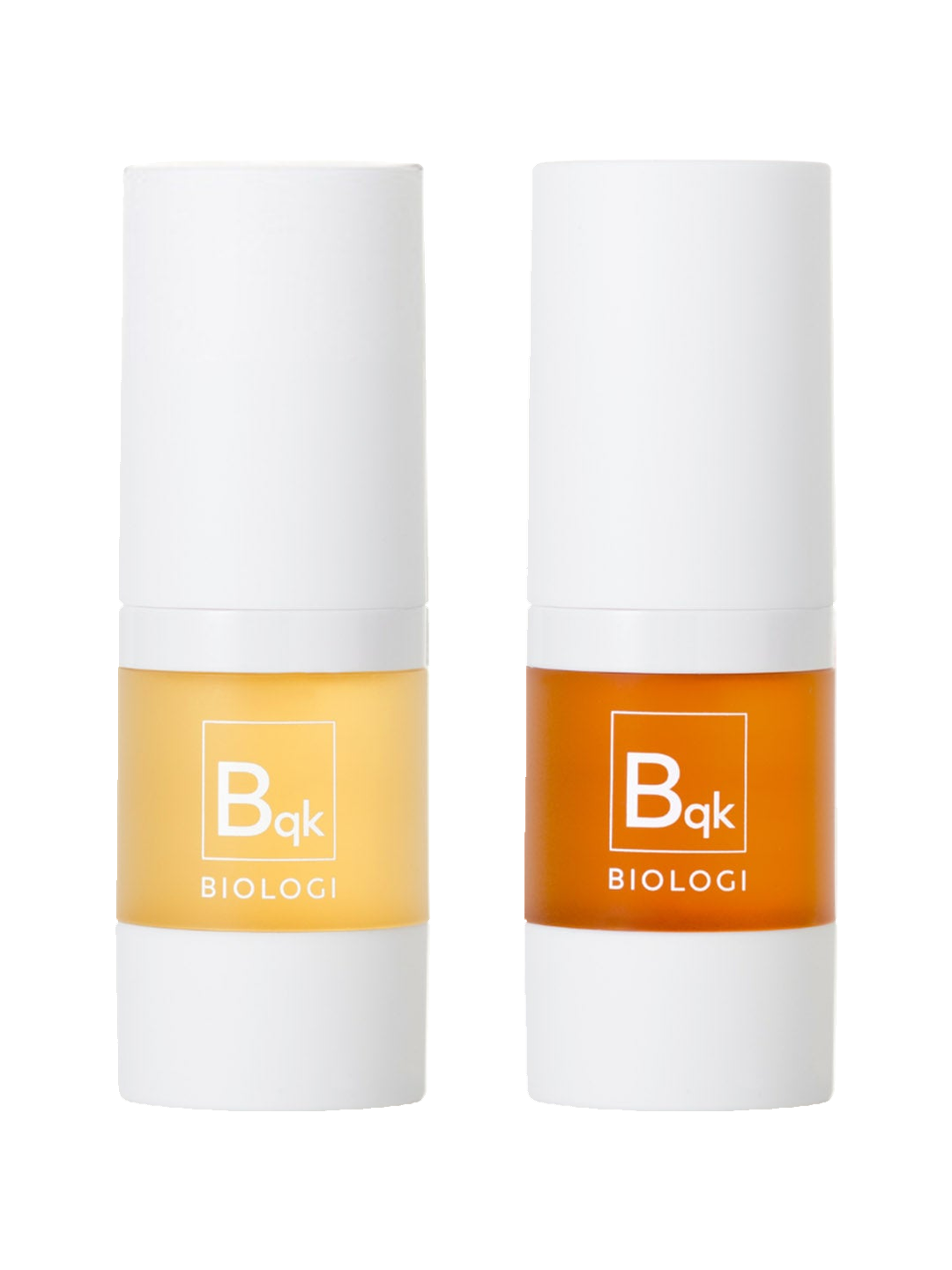 Biologi Bqk Radiance Face Serum Duo, two 15ml white cylindrical bottles with matching white caps and yellow and orange labels, standing side by side on white.