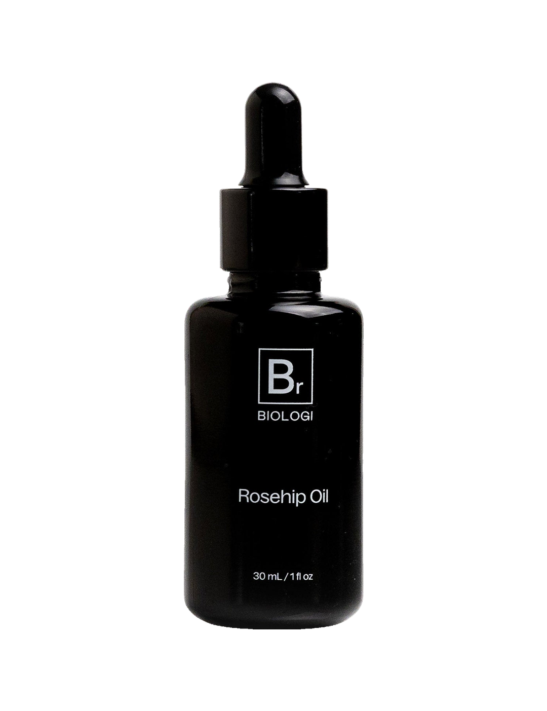 Biologi Br Rosehip Oil 30ml in an opaque black glass bottle with a black dropper cap and white Br lettering, shown upright on a plain white background.
