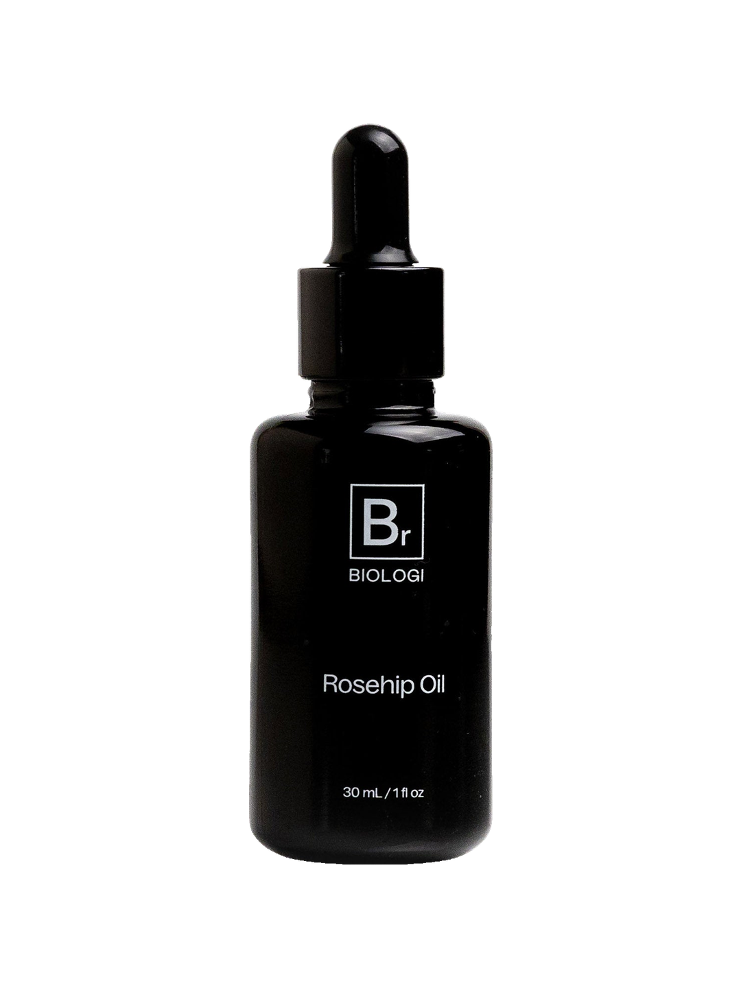 Biologi Br Rosehip Oil 30ml in an opaque black glass bottle with a black dropper cap and white Br lettering, shown upright on a plain white background.