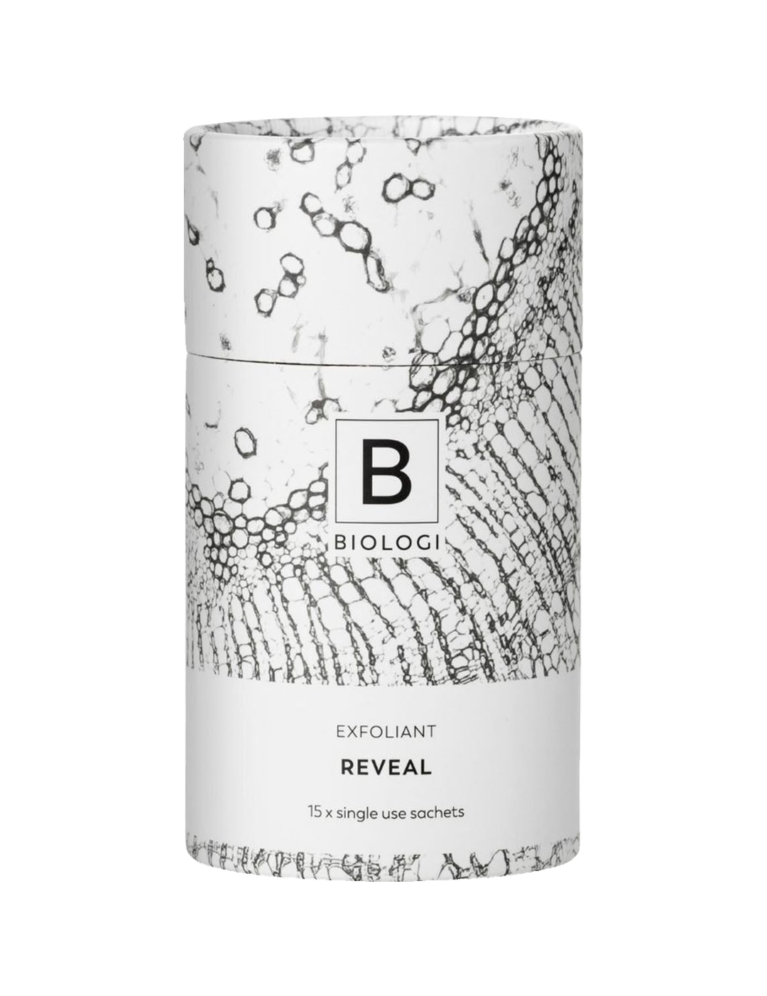 Biologi Bx Reveal Exfoliant 15 Sachets in its closed cylindrical white carton with black botanical line artwork and Bx branding, standing upright on white.