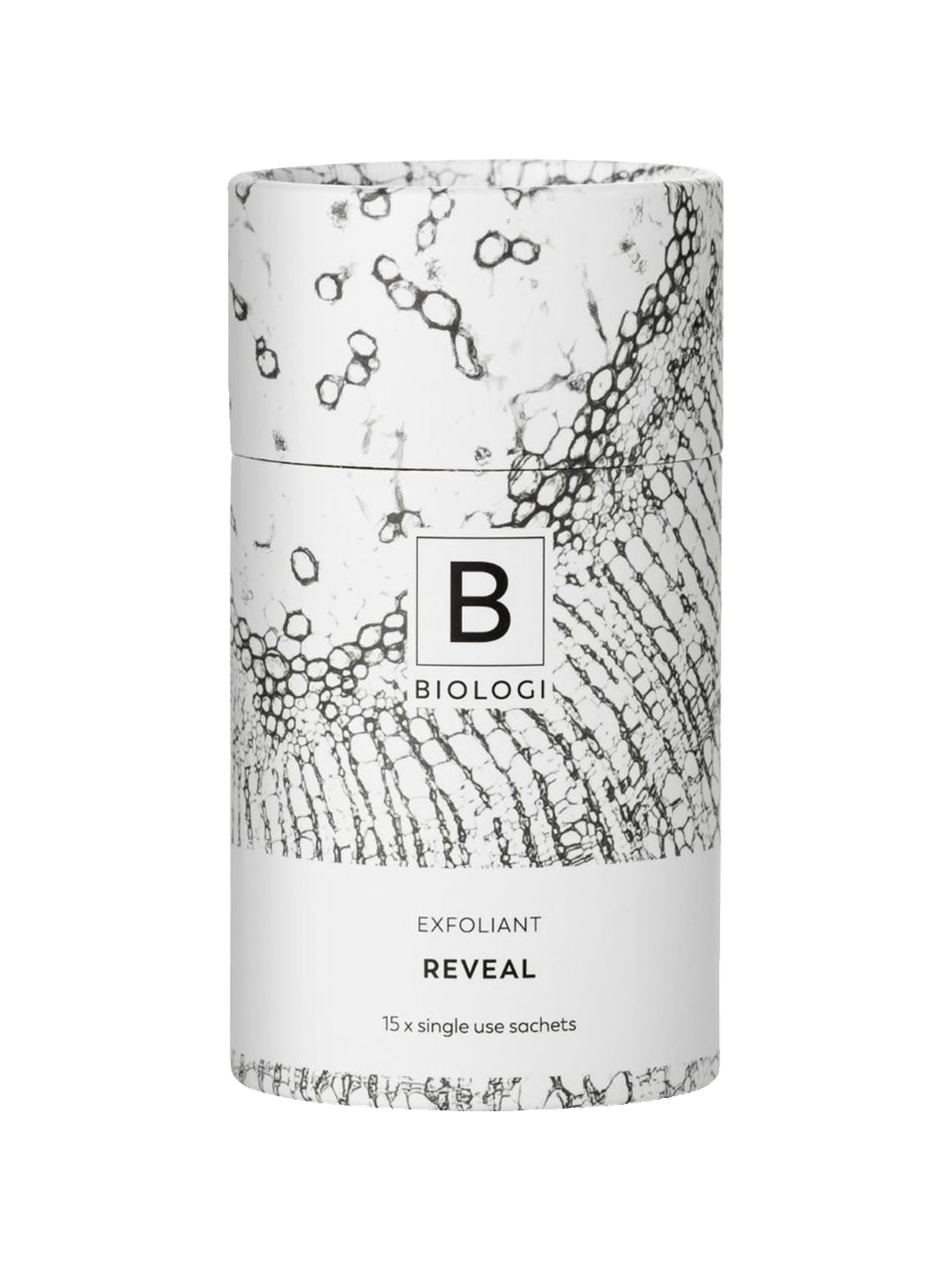 Biologi Bx Reveal Exfoliant 15 Sachets in its closed cylindrical white carton with black botanical line artwork and Bx branding, standing upright on white.