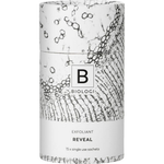 Biologi Bx Reveal Exfoliant 15 Sachets in its closed cylindrical white carton with black botanical line artwork and Bx branding, standing upright on white.