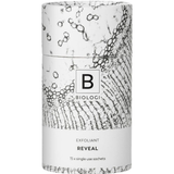 Biologi Bx Reveal Exfoliant 15 Sachets in its closed cylindrical white carton with black botanical line artwork and Bx branding, standing upright on white.