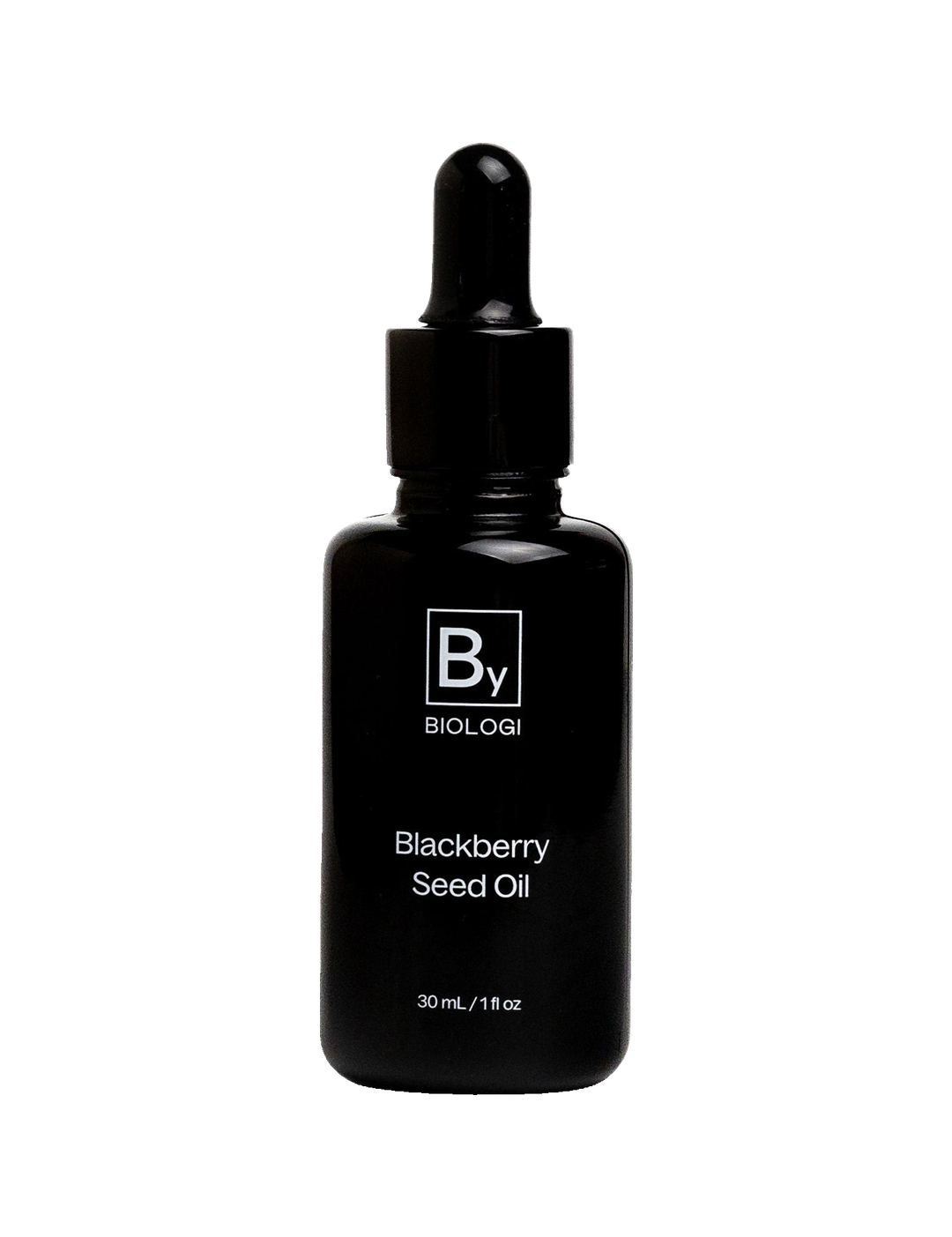 Biologi By Blackberry Seed Oil 30ml in an opaque black glass bottle with a black dropper cap and white By label, standing upright on white.
