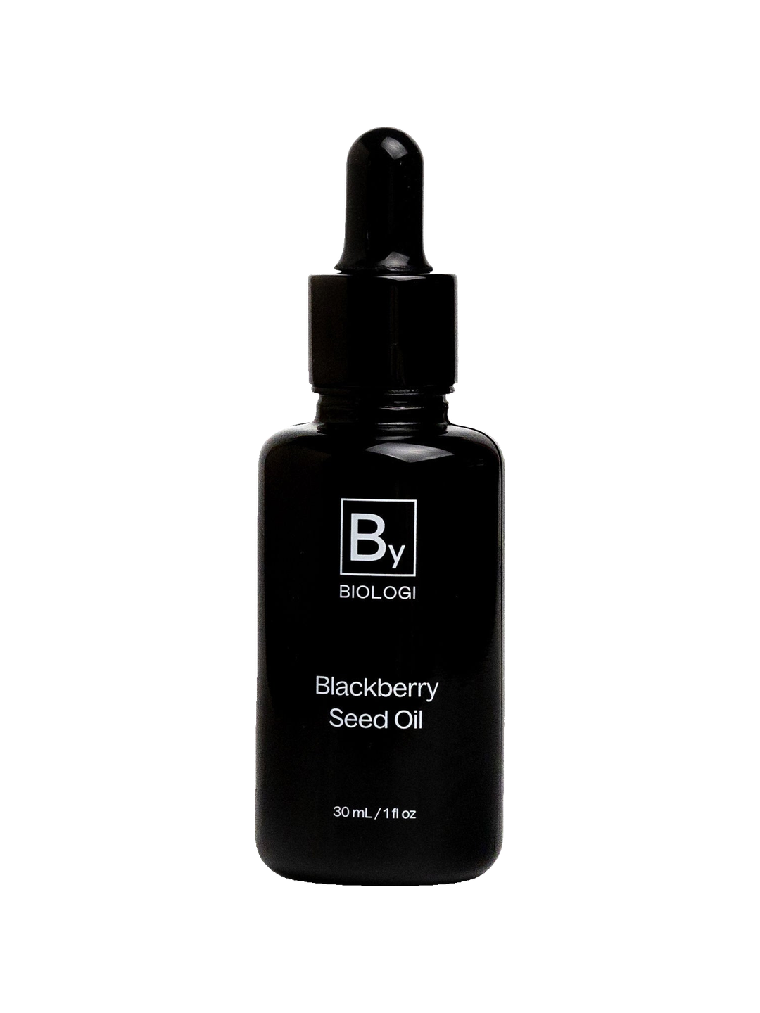 Biologi By Blackberry Seed Oil 30ml in an opaque black glass bottle with a black dropper cap and white By label, standing upright on white.