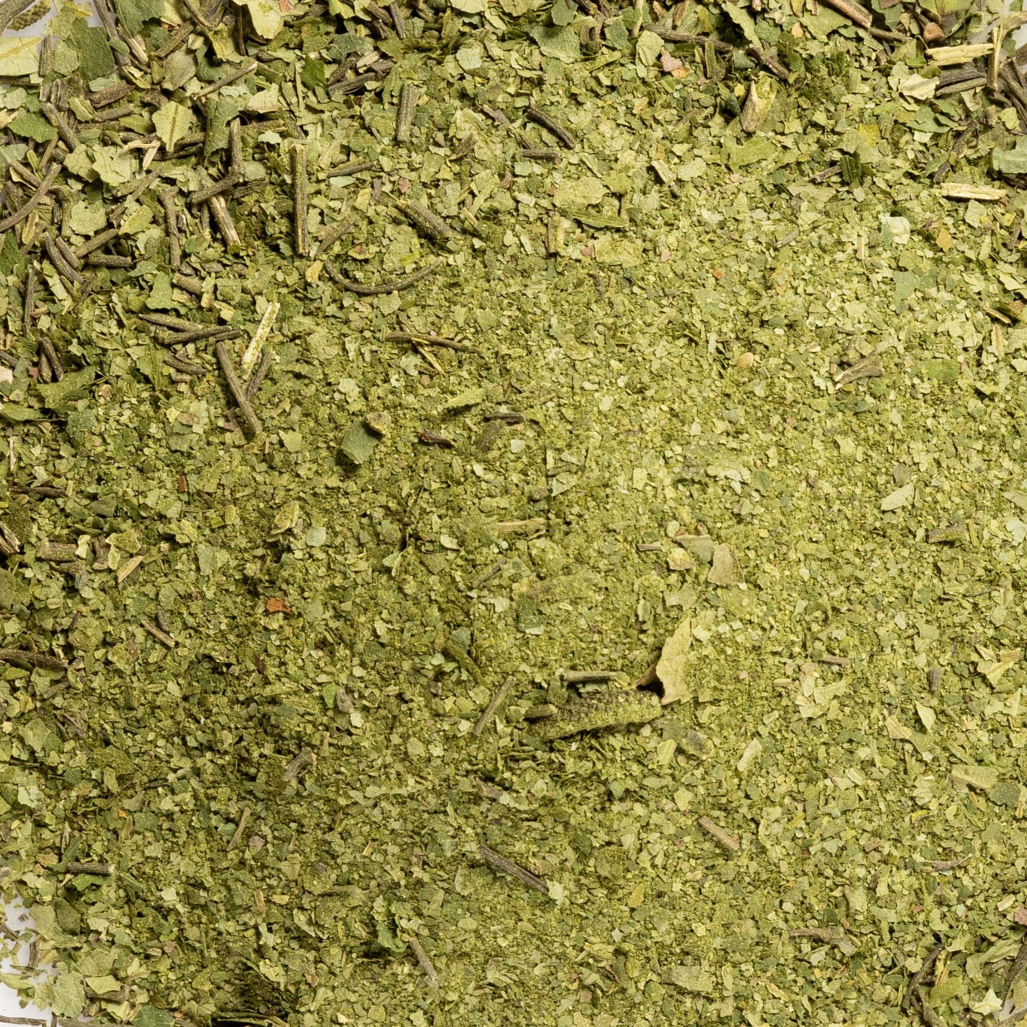 Close-up of green powdered and crushed kawakawa leaves, the botanical ingredient image for Biologi Hydra Balance Bio Cellulose Sheet Mask.