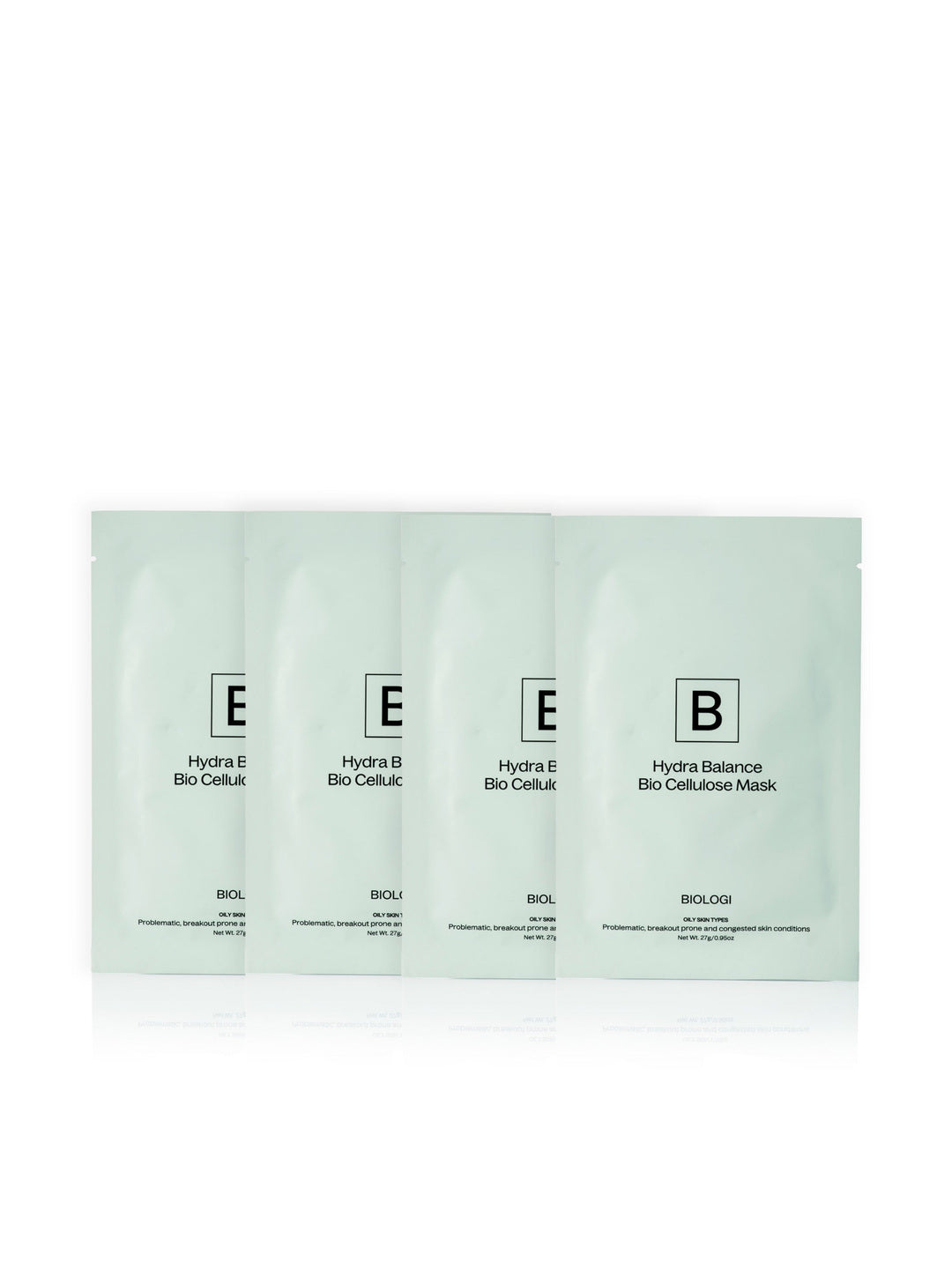 Biologi Hydra Balance Bio Cellulose Sheet Mask four-pack, displayed as four overlapping pale green sachets with black branding on white.