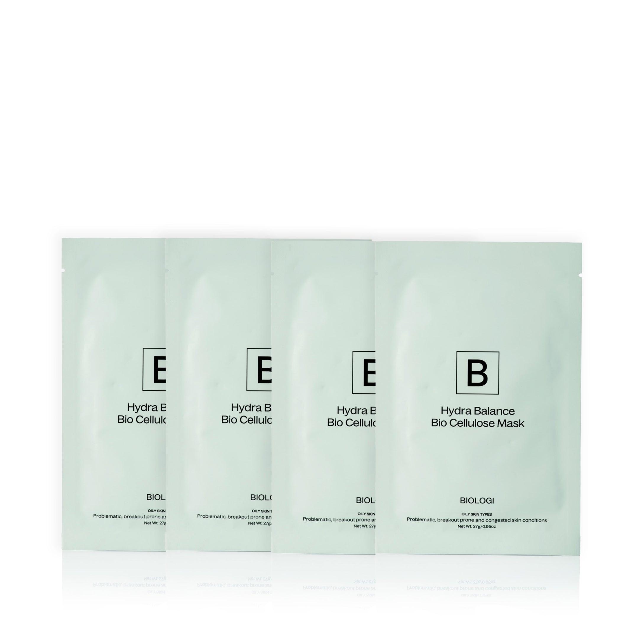 Biologi Hydra Balance Bio Cellulose Sheet Mask four-pack, displayed as four overlapping pale green sachets with black branding on white.