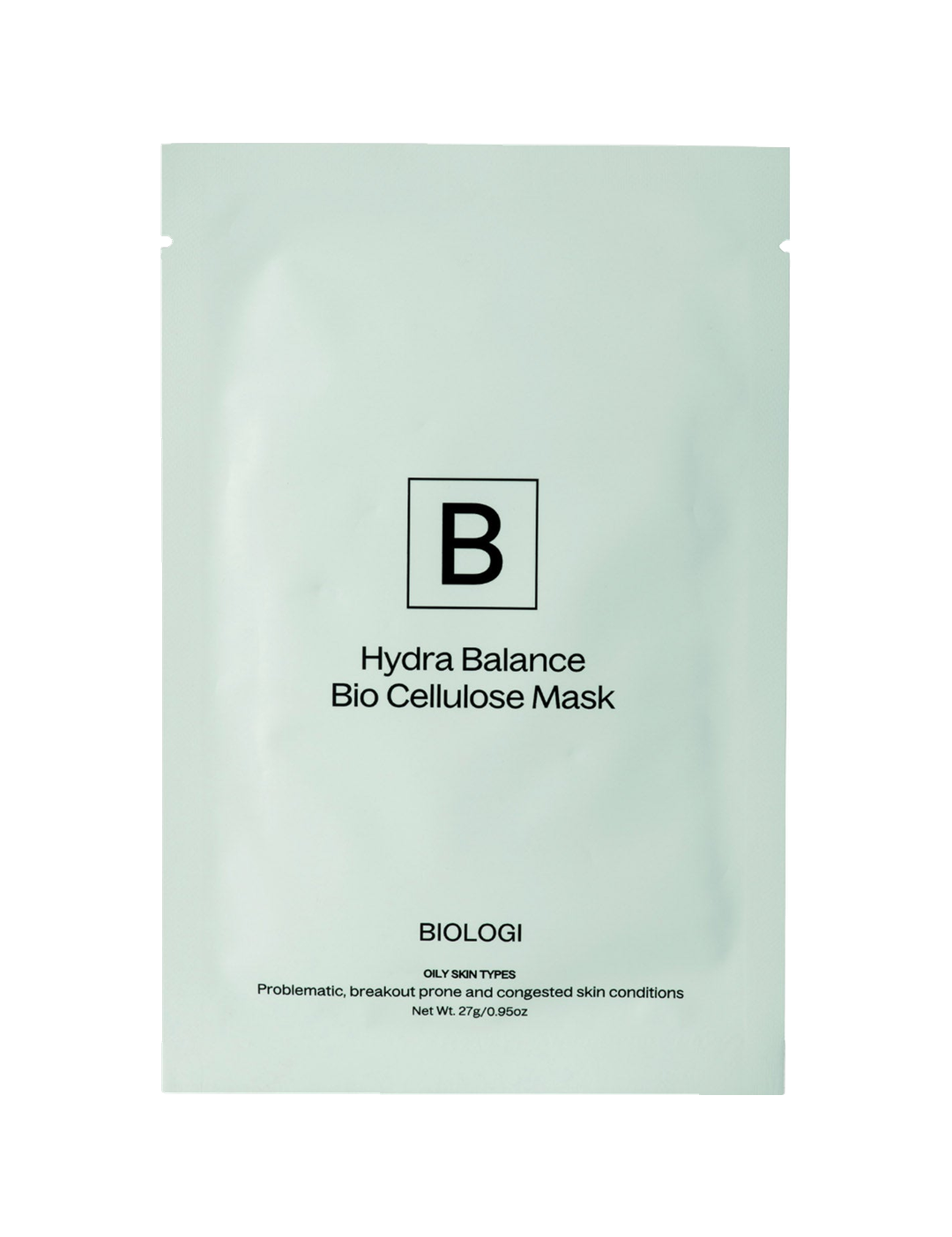 Biologi Hydra Balance Bio Cellulose Sheet Mask in a sealed single pale green sachet with black Biologi branding, shown front-facing on white.