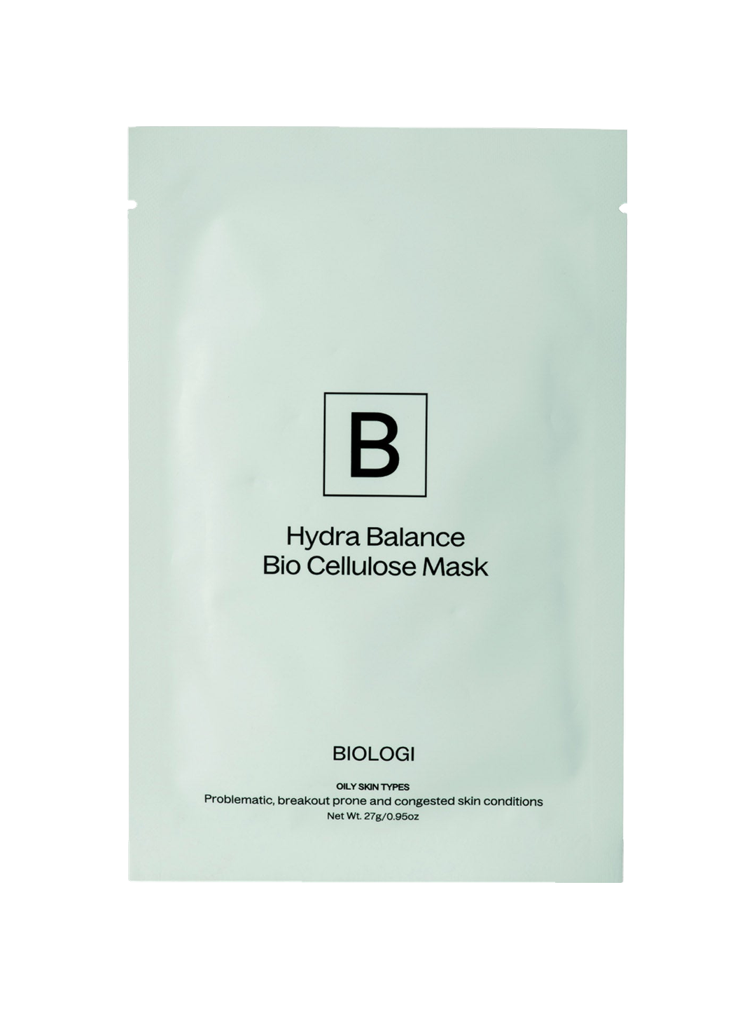 Biologi Hydra Balance Bio Cellulose Sheet Mask in a sealed single pale green sachet with black Biologi branding, shown front-facing on white.