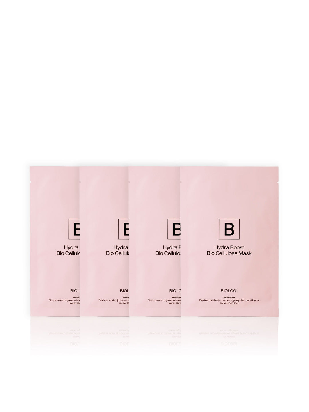 Biologi Hydra Boost Bio Cellulose Sheet Mask four-pack, shown as four overlapping pink single-use sachets with black branding on white.