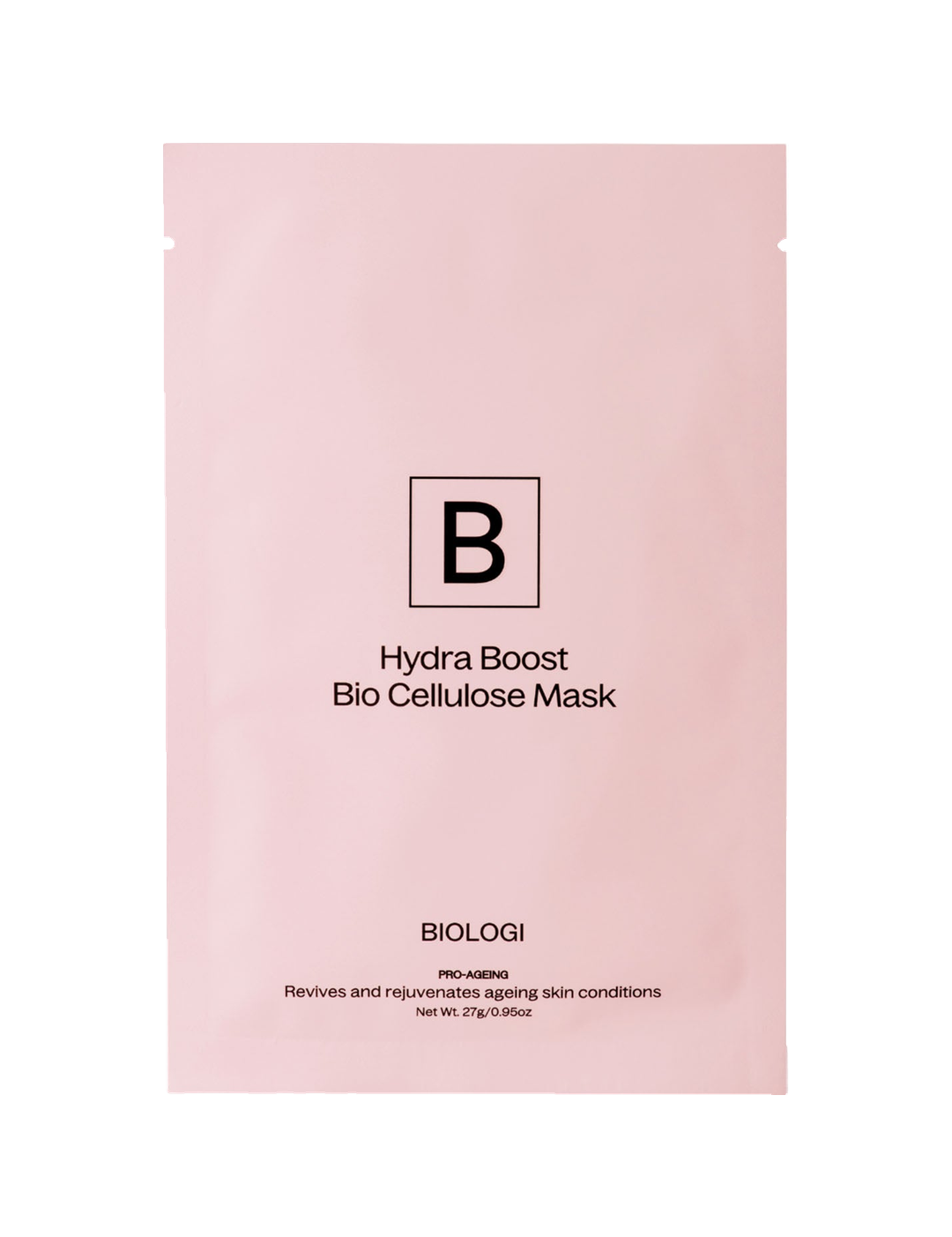 Biologi Hydra Boost Bio Cellulose Sheet Mask in a sealed single pink sachet with black Biologi branding, shown front-facing on white.