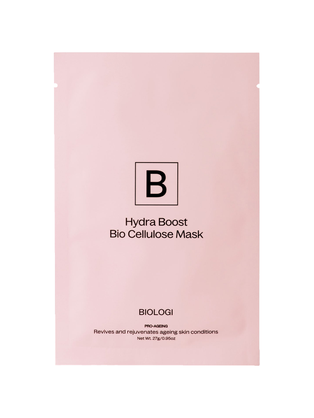 Biologi Hydra Boost Bio Cellulose Sheet Mask in a sealed single pink sachet with black Biologi branding, shown front-facing on white.