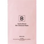 Biologi Hydra Boost Bio Cellulose Sheet Mask in a sealed single pink sachet with black Biologi branding, shown front-facing on white.