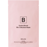 Biologi Hydra Boost Bio Cellulose Sheet Mask in a sealed single pink sachet with black Biologi branding, shown front-facing on white.