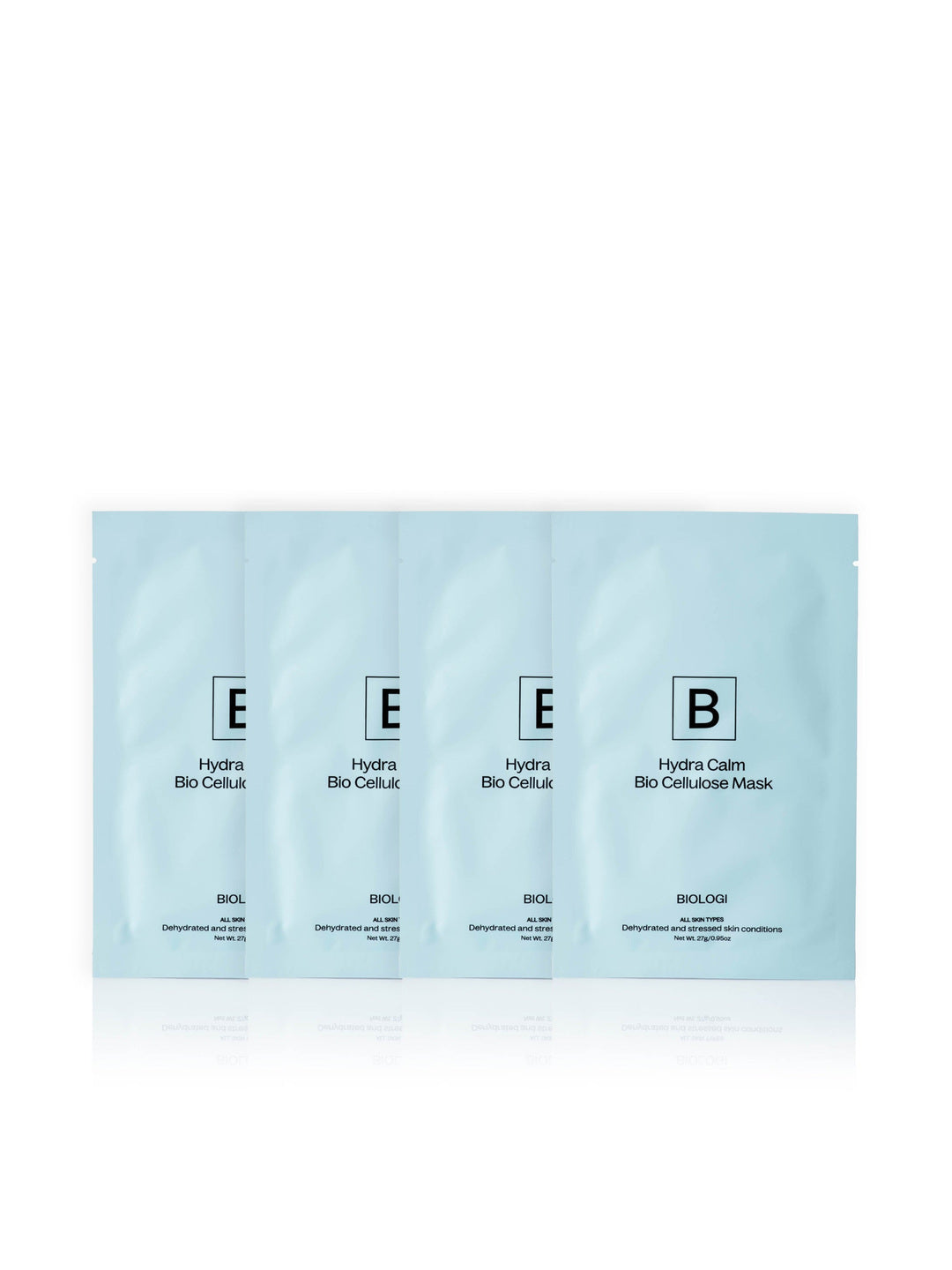 Biologi Hydra Calm Bio Cellulose Sheet Mask four-pack, with four overlapping pale blue sachets and their black product labels visible on white.