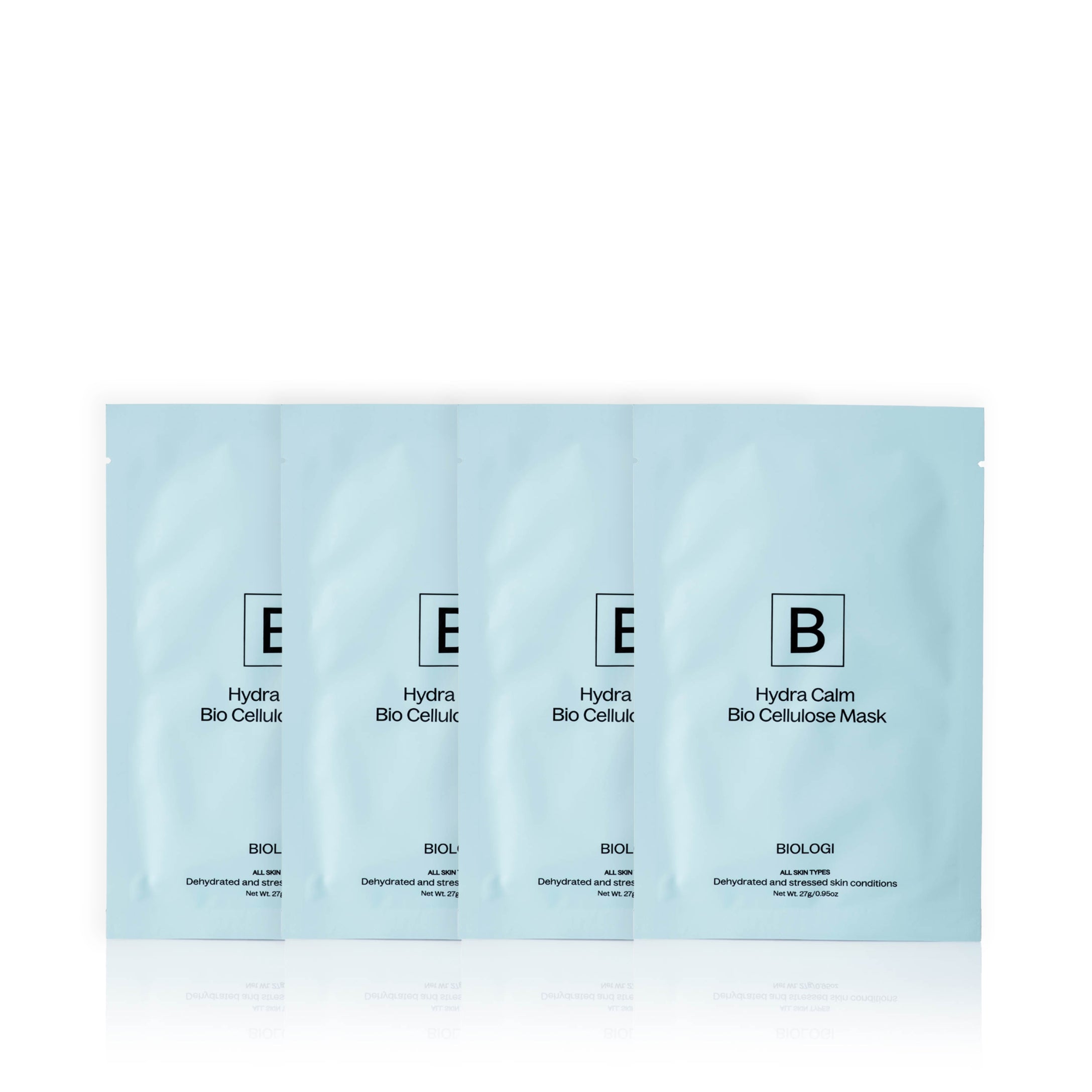 Biologi Hydra Calm Bio Cellulose Sheet Mask four-pack, with four overlapping pale blue sachets and their black product labels visible on white.