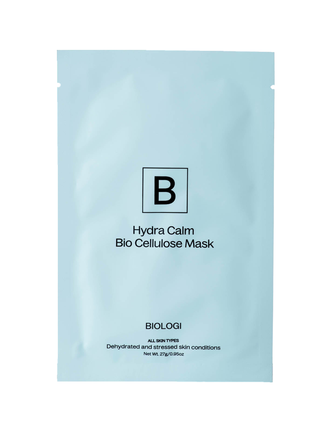 Biologi Hydra Calm Bio Cellulose Sheet Mask in a sealed single pale blue sachet with black Biologi branding, shown front-facing on white.