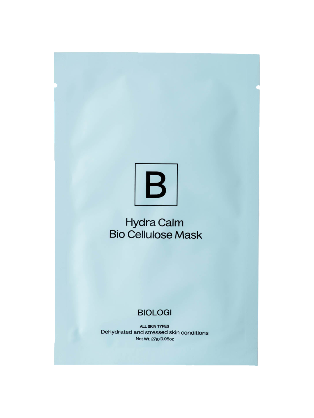 Biologi Hydra Calm Bio Cellulose Sheet Mask in a sealed single pale blue sachet with black Biologi branding, shown front-facing on white.