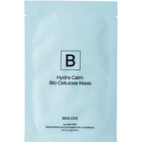 Biologi Hydra Calm Bio Cellulose Sheet Mask in a sealed single pale blue sachet with black Biologi branding, shown front-facing on white.